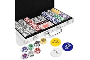 300pcs Poker Chip Set with Denominations,11.5g Weighted Numbered Chips,5 Dice and 2 Decks with Compact Aluminum Case,Professi