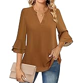 Lotusmile Womens Tops Dressy Casual 3/4 Tiered Bell Sleeve Blouses Double Layered Chiffon Work Tunic Shirts