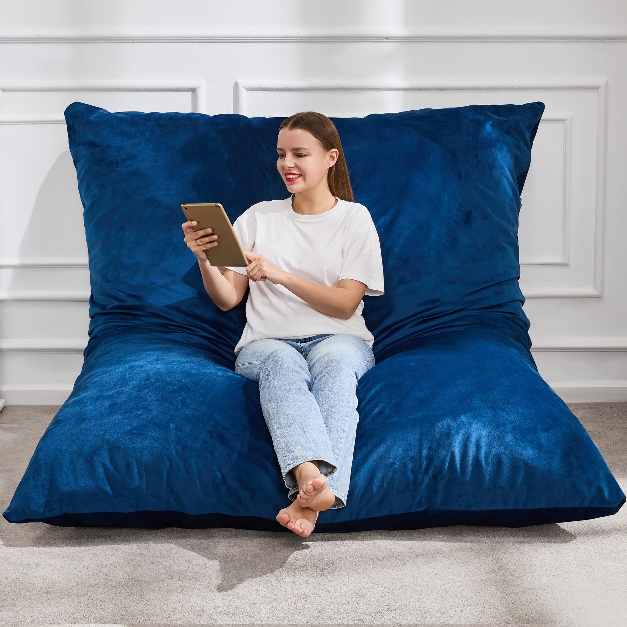 Hobestluk 3 in 1 Bean Bag Chair Giant Bean Bag Chairs for Adults with Velvet Cover Convertible Bean Bag Floor Cushion with Machine Washable Cover for Living Room (Velvet Blue)