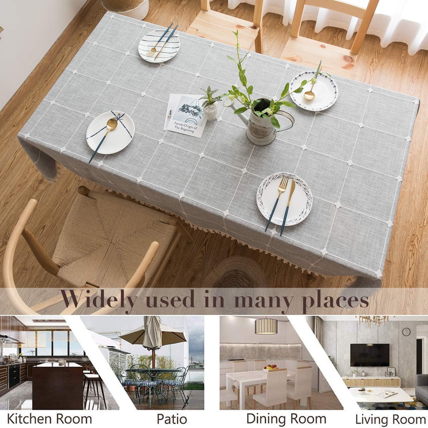 smiry Embroidery Tassel Tablecloth - Cotton Linen Dust-Proof Table Cover for Kitchen Dining Room Party Home Tabletop Decoration (Rectangle/Oblong, 55 x 86 Inch, Light Grey): Kitchen & Dining