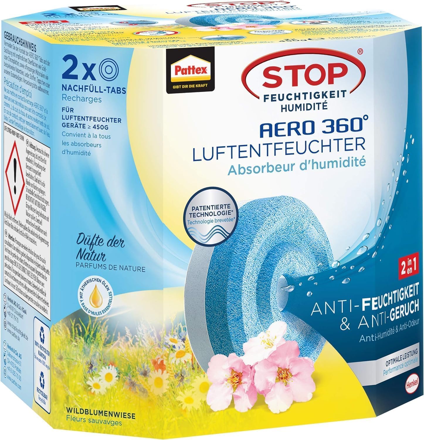 Pattex AERO 360° Wildblumenwiese Tabs Nachfüllpack, reduzieren Feuchtigkeit und schlechte Gerüche, Nachfülltabs für den Luftentfeuchter AERO 360°, 2er-Pack (2x450g) 2