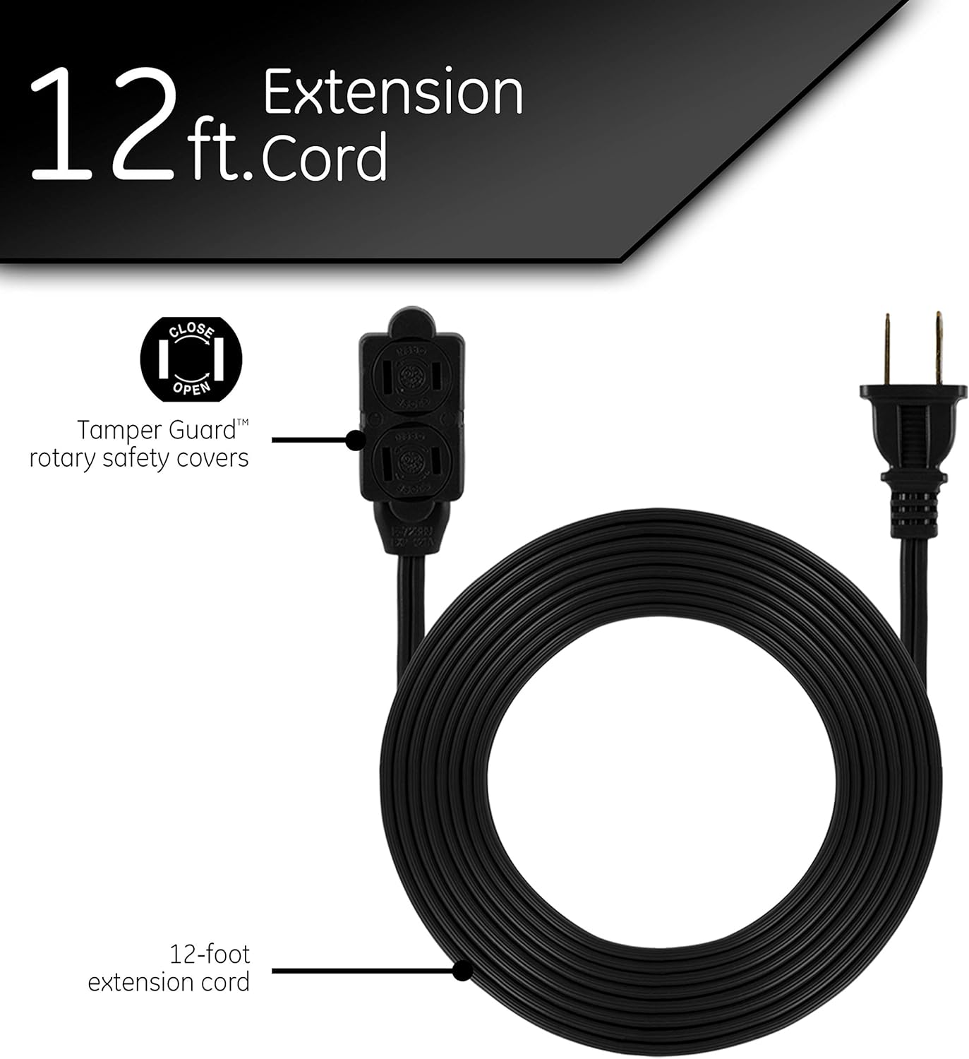 GE 12 Ft Extension Cord, 3 Outlet Power Strip, 2 Prong, 16 Gauge, Twist-to-Close Safety Outlet Covers, Indoor Rated, Perfect for Home, Office or Kitchen, UL Listed, White, 51954 - Electronics Power Cables - 