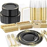 Nervure 350PCS Black Plastic Plates - Black Plastic Dinnerware Sets for 50 Guests - 100 Disposable Plates, 150 Gold Silverware, 50 Cups, 50 Napkins for Wedding & Party & New Year
