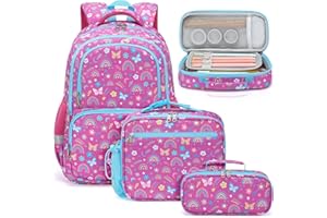 Fimibuke Kid Backpack for School Girl, 3PCS Waterproof Toddler School Bag Cute Bookbag Set with Lunch Box & Pencil Case for Preschool Kindergarten Elementary Back to School Student Ages 3-12, Rainbow