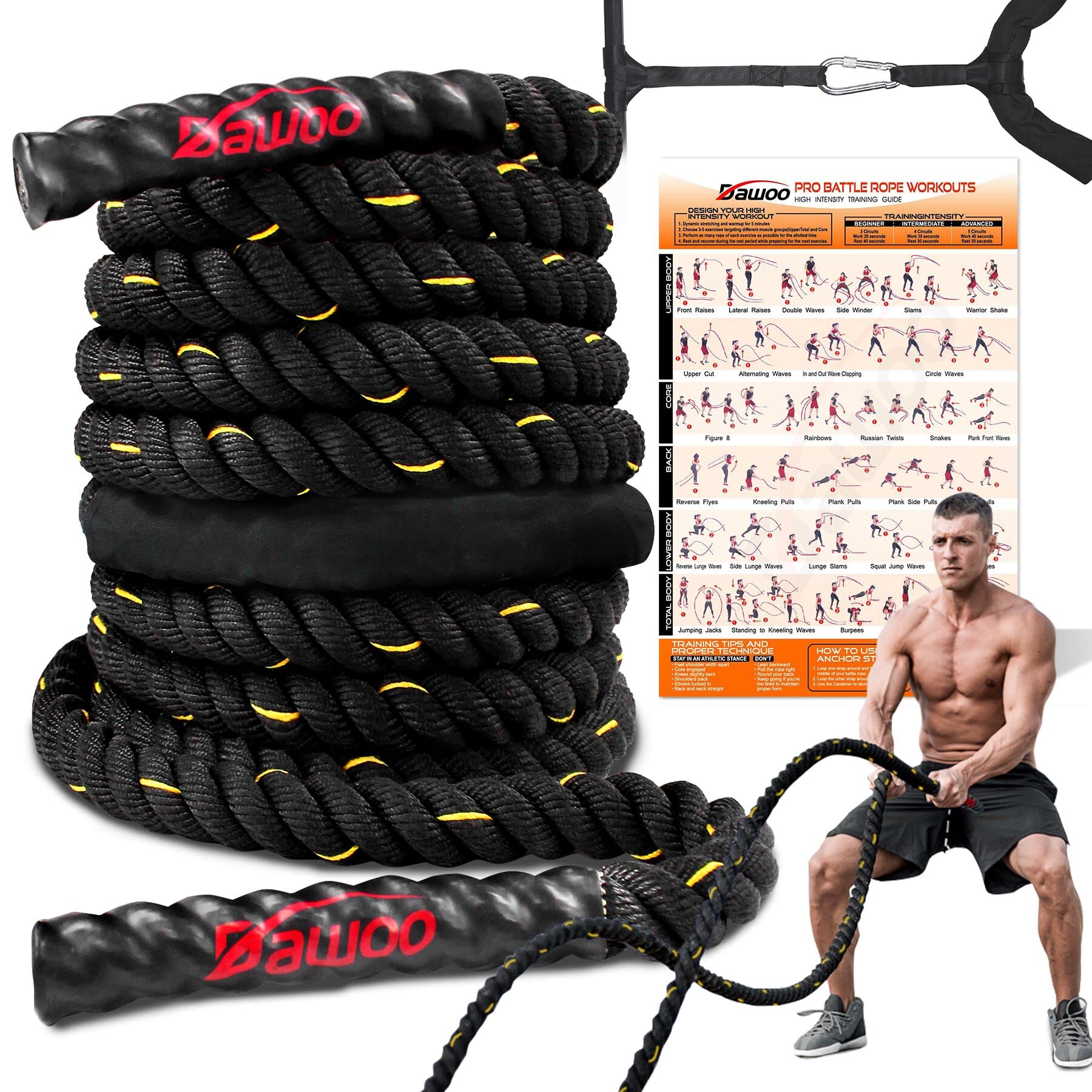 DAWOO Battle Ropes-38mm*9/12/15m Basics Exercise Rope for Home Gym Workout Equipment Training Rope,Heavy Weighted Rope Professional Workout Battle Ropes (Metal bracket, 9M)