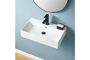 Wall Mount Bathroom Sink,KINGO HOME 24 inch Bathroom Vessel Sink Free Standing Wall Hung Sinks Rectangle,White Porcelain Ceramic Vessel Floating Vanity Sinks Art Basin with Faucet Hole and Overflow
