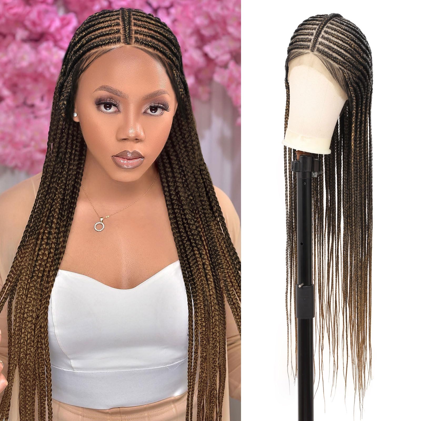 Photo 1 of Youthfee 13x8 HD Lace Front Cornrow Braided Wigs for Women Braided Wig with Baby Hair Blonde Middle Parted Box Braid Wig Premium Synthetic 36 Inch