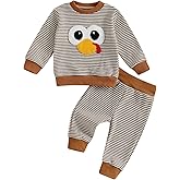 KtwHarnu Toddler Baby Boy Girl Thanksgiving Outfit Turkey Embroidery Striped Waffle Knit Long Sleeve Sweatshirt and Pants Set