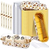 Tioncy 100 Pcs Mini Loaf Pans with Lids Spoons Sealing Stickers, Mini Cake Pans, Aluminum Foil Baking Bread Containers, Bakery Party Supplies 6.8oz for Wedding Birthday Party (Acorns)