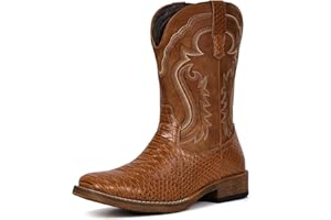 IUV Cowboy Boots for Men Faux Snake Skin Embroidered Western Boots Slip Resistant Square Toe Pull on Mid Calf Cowboy Boot