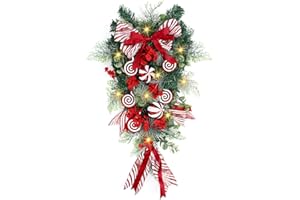 Yunlly 28" Pre Lit Christmas Teardrop Swag Battery Operated Christmas Swag with Lights, Red and White Bowknot, Swirl Candy Cane Ball, Xmas Wreath Ornament for Indoor Outdoor Front Door Decoration