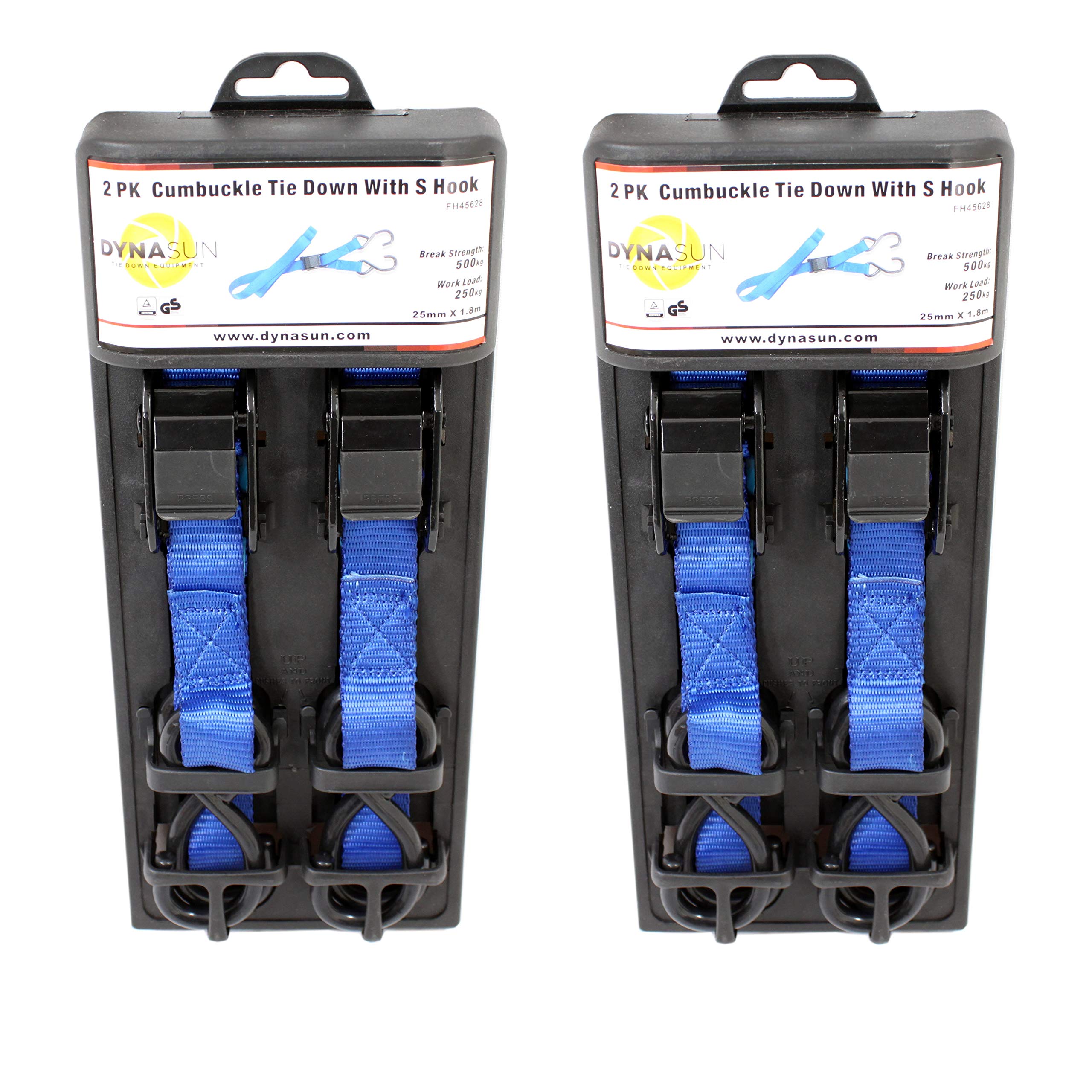 4x DynaSun FH45628 Cargo Load Lash Straps Cam Buckle Tie Down Luggage Quick Release 25mm 1.8m Lashing Claw J Hook