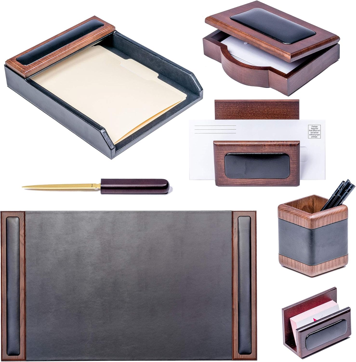 Dacasso Walnut and Leather Desk Set, 7-Piece: Home & Kitchen