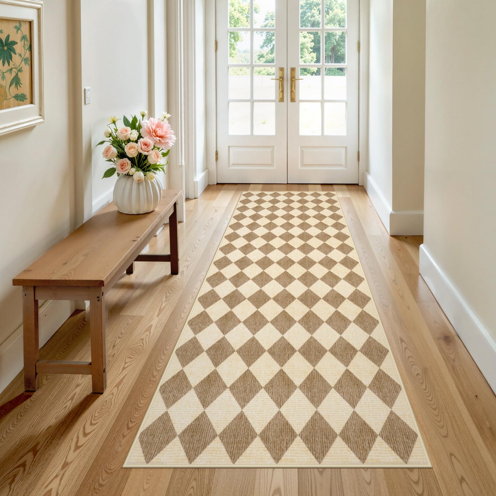 Photo 1 of LIVEBOX Checkered Rug Runners for Hallways 2.5x8, Beige Non Slip Kitchen Washable Runner Rugs, Moroccan Plaid Indoor Carpet Runner for Entryway Bathroom Bedroom Laundry