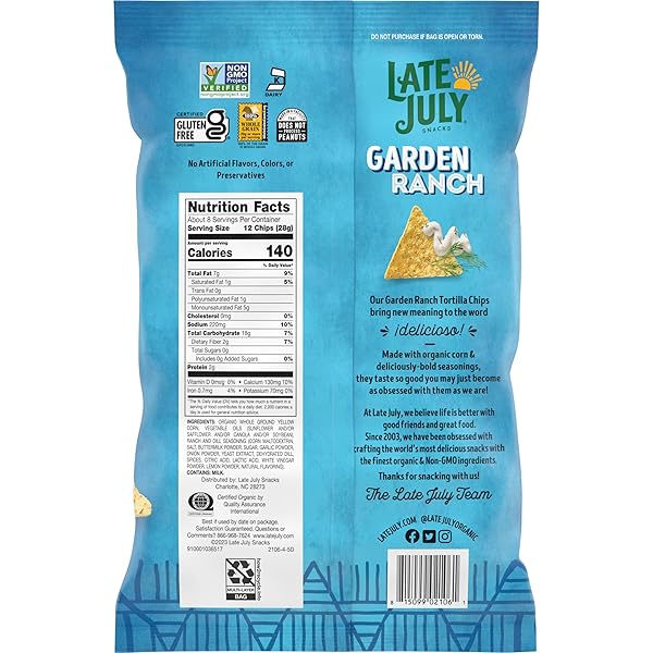 LATE JULY SNACKS, GARDEN RANCH TORTILLA CHIPS, 7.8-OZ. BAG