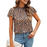 SimpleFun Women Boho Shirts Floral Ruffle Short Sleeve Mock Neck Flowy Casual Summer Blouses Tops