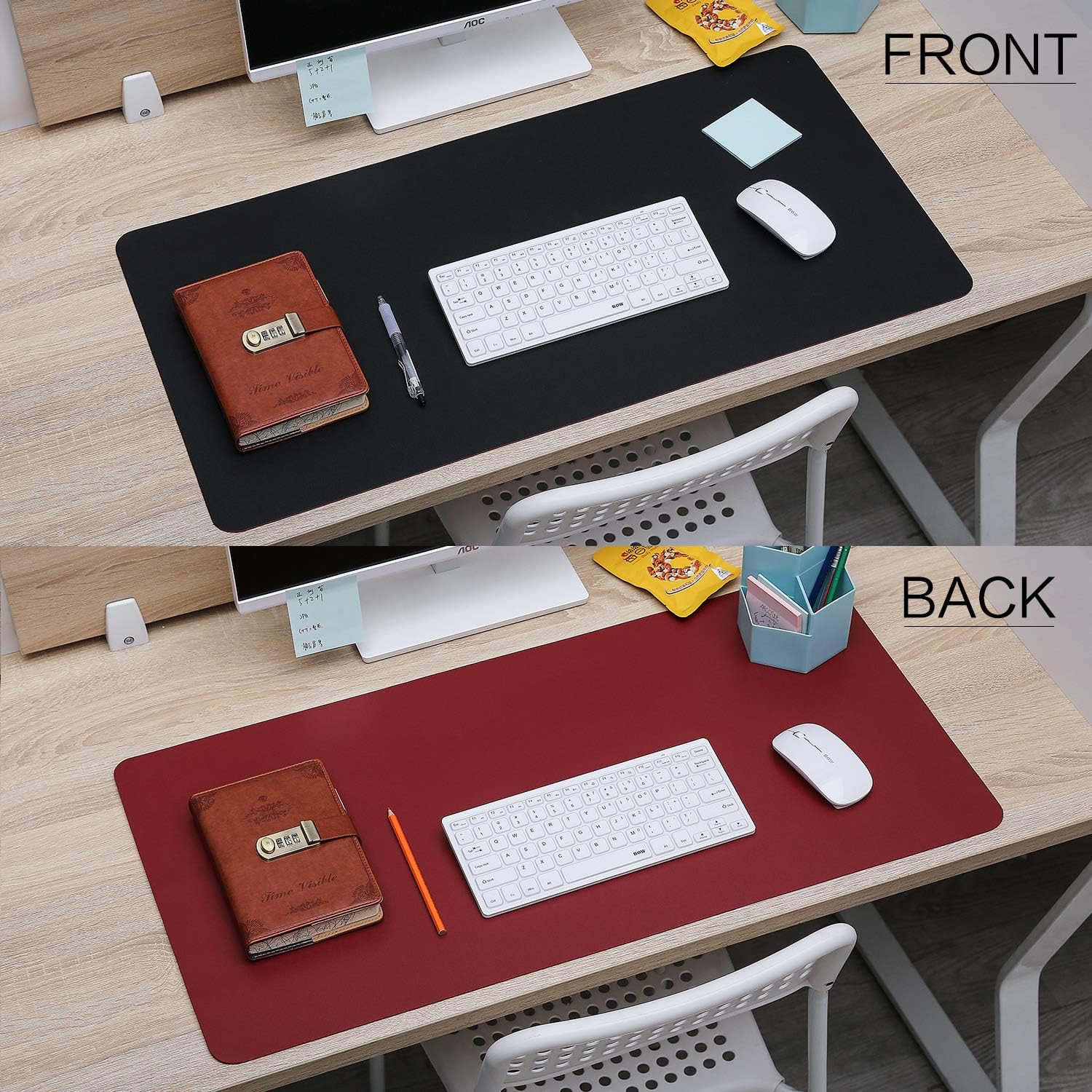 Dual-Sided Desk Pad (31.5 x 15.7"), Waterproof Leather Office Desk Mat, PU Mouse Pad, Desk Cover Protector, Desk Writing Mat for Office/Home/Work/Cubicle (Black/Red) : Office Products