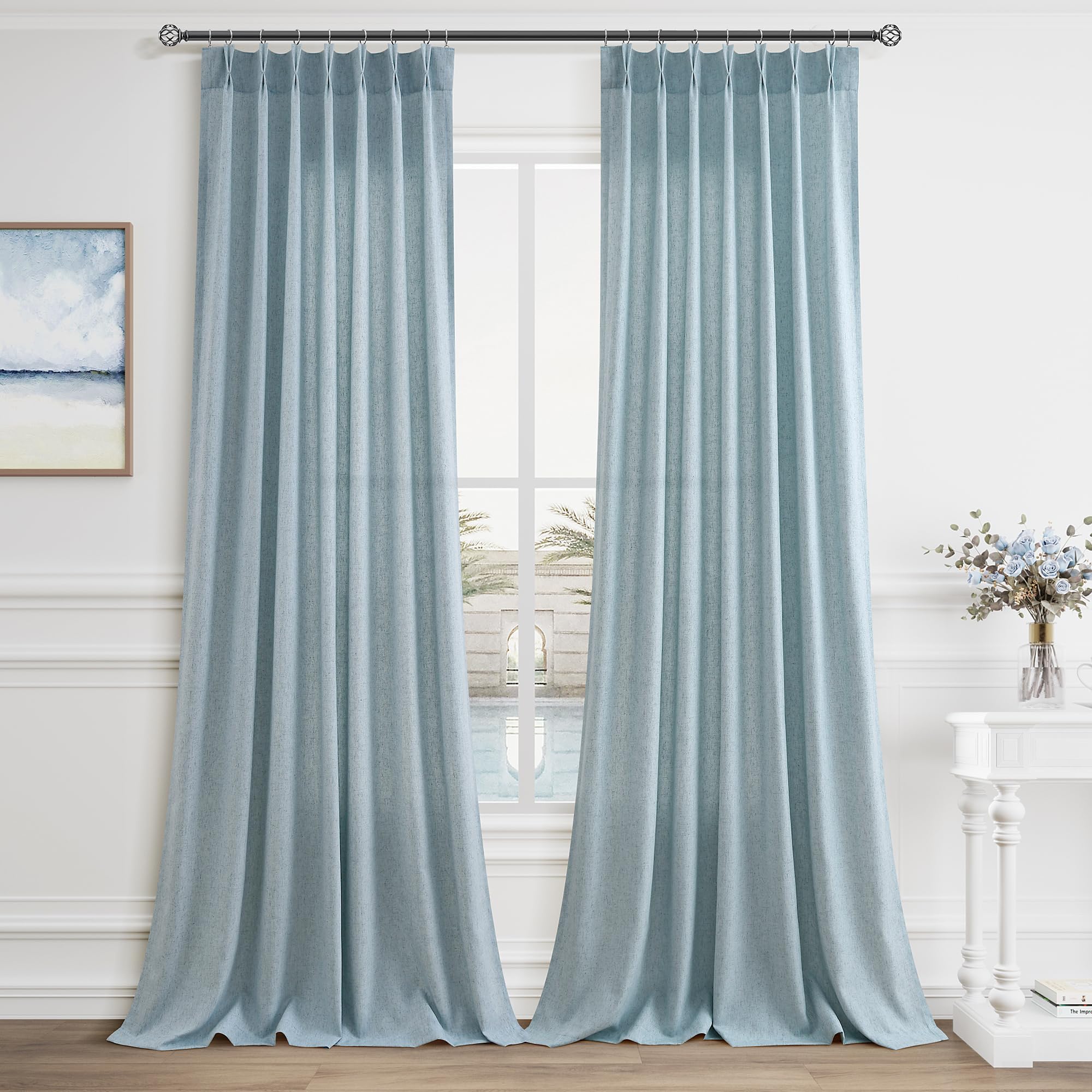 Aersas Linen Pinch Pleat Light Blue Curtains 108 Inches Length 2 Panels Living Room Kid Room Nursery Semi Sheer Windows Treatment Curtain Modern Coastal Rod Pocket Girls Boys Home Decor 40x108, 9 FT Image
