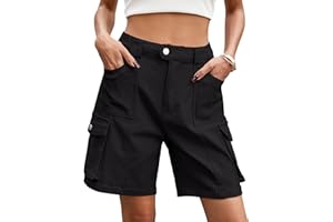 Eddoyee Bermuda Cargo Shorts Women, Elastic High Waist Knee Length 6 Pockets Shorts Stretchy Summer Casual Jorts