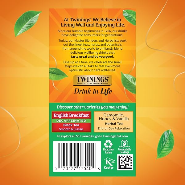TWININGS DECAFFEINATED IRISH BREAKFAST BLACK TEA INDIVIDUALLY WRAPPED BAGS, 20 COUNT (PACK OF 1), FLAVOURFUL, ROBUST, ENJOY HOT OR ICED, 20 TEABAGS