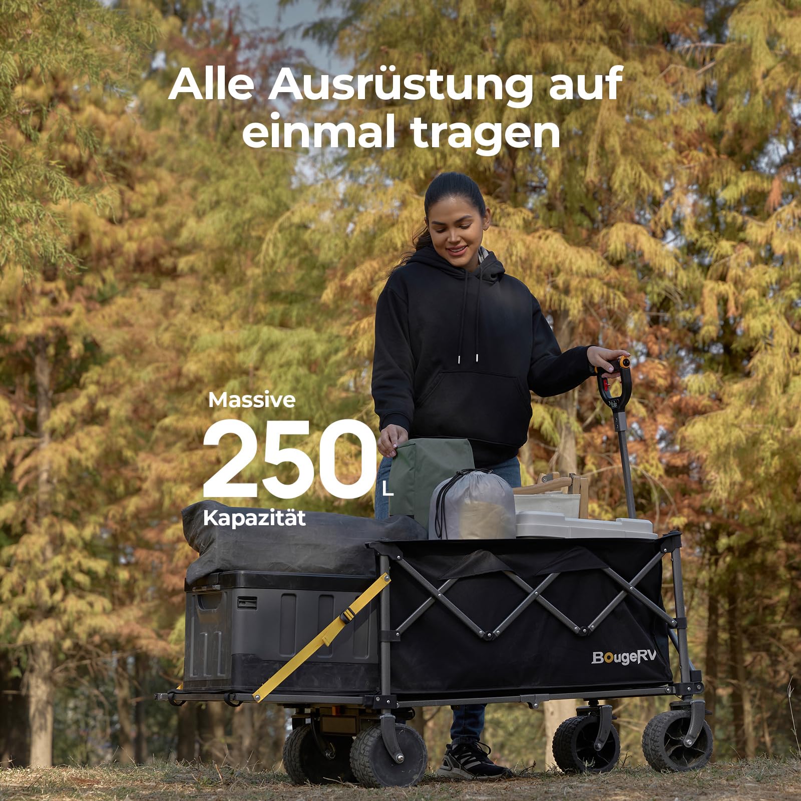 BougeRV Elektrischer Bollerwagen faltbar, 200 kg Belastbarkeit, Campingwagen mit Antrieb, 250W Doppelmotor & 250L Volumen, Offroad Elektro-Handwagen für Outdoor-Abenteuer & Garten (Ohne Ladegerät) 3
