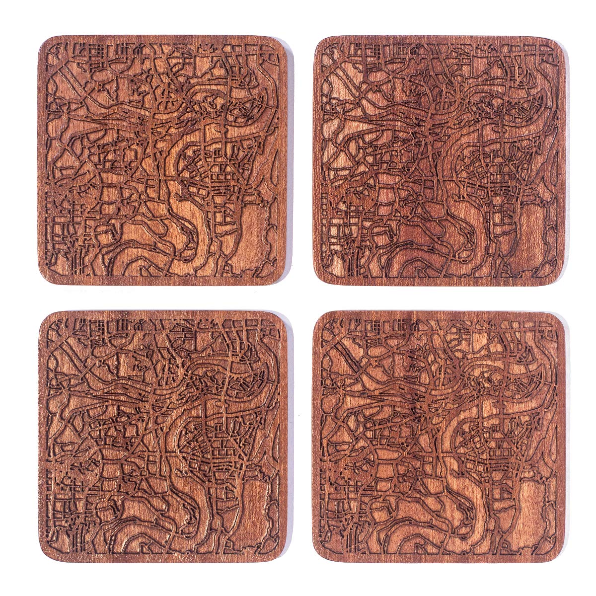 Chongqing Map Coaster, Set of 4, Sapele Wooden Coaster with City map, Multiple City Optional, Handmade