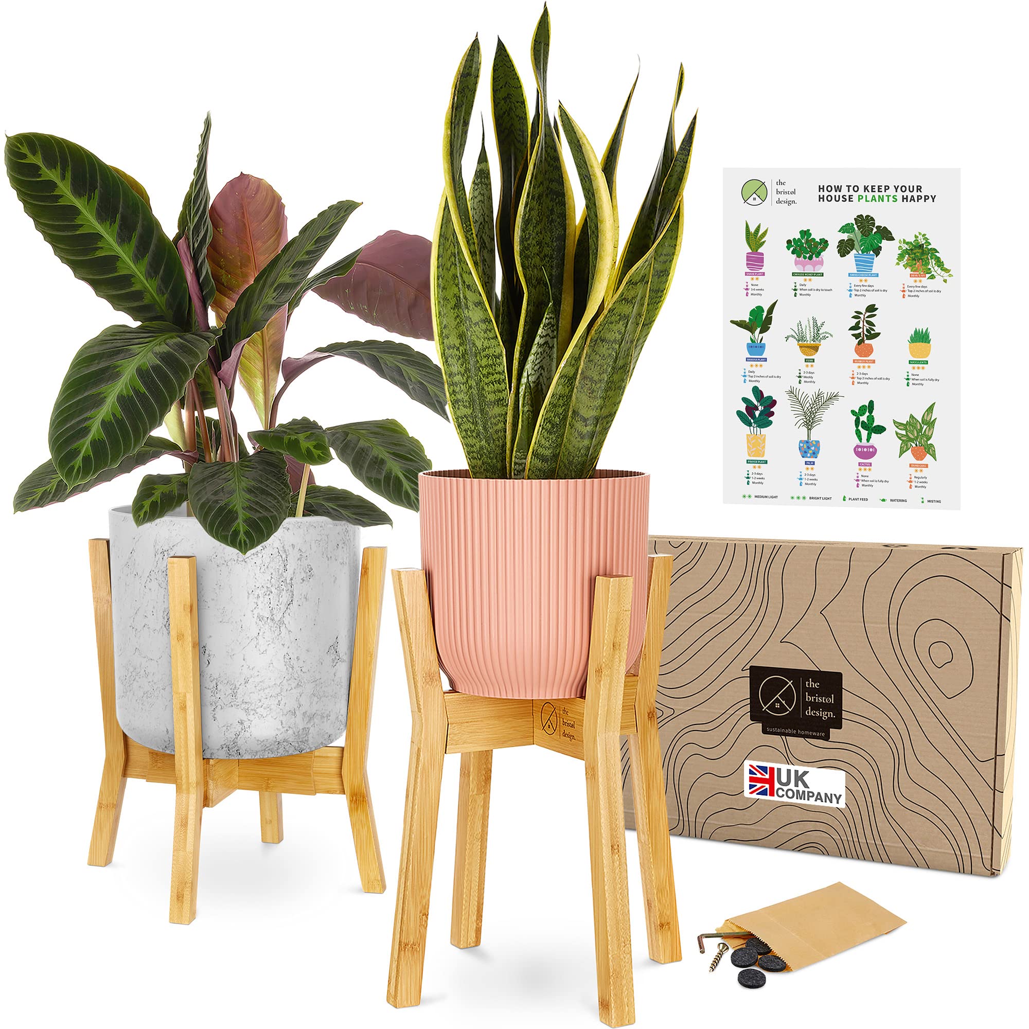The Bristol Design Bamboo Plant Stand - Modern Nordic Indoor Plant Pot Stand. Adjustable from 20-30cm. Short or Tall Plant Holder Options. 1 Stand & Gift Box - UK Brand (Plant and Pot Not Included)