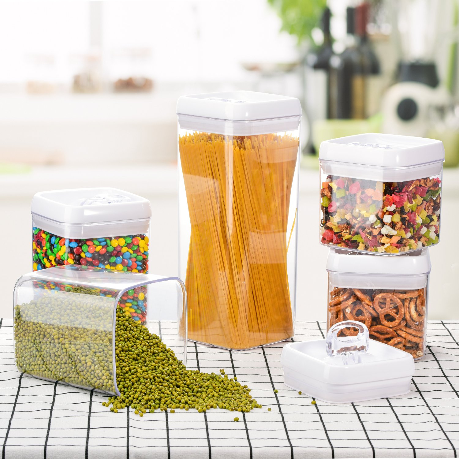 ME.FAN Large Air-Tight Food Storage Container Set [5-Piece Set] - Pantry Durable Seal Pot - Cereal Storage Containers - For Dry Foods & Liquids - BPA Free - Clear Containers with White Lids