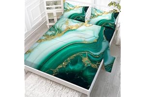 EDGZKO Emerald Green Sheets Queen: Abstract Green Marble Fitted Sheet Set for Teens Girls Women Turquoise Gold Glitter Marbling 4PC Bedding Sets 1 Fitted Sheet & 1 Flat Sheet & 2 Pillowcases