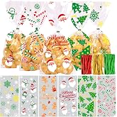 JOICEE 120PCS Christmas Cellophane Treat bags Cello Candy Gifts Bags | Christmas Gift Wrap Cellophane Bags Clear Cello Goodie Bags with Ties for Christmas Winter Holiday Party Favors Supplies