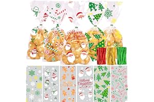 JOICEE 120PCS Christmas Cellophane Candy bags, Xmas Cello Treat Goody Bags with Ties for Christmas Holiday Party Favors