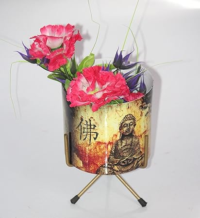 Elegant Crafts India Mordern Design Table or Outdoor Planter with Rust Free Metal Stand Plant Container Set,Pack of 1 Width X Height 06X7.5 Inches (Buddha Printed with Golden Rust Free Stand )
