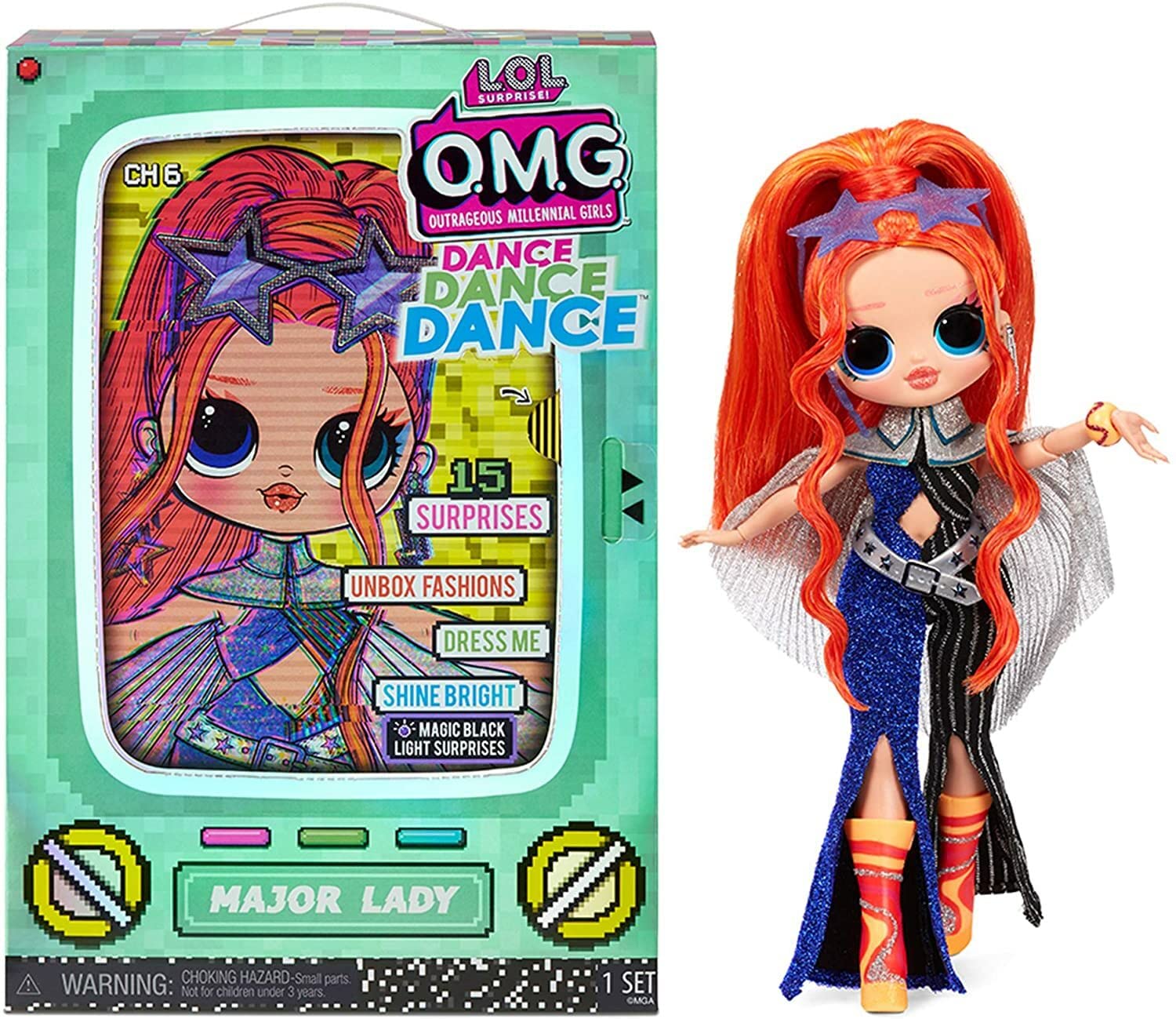 LOL Surprise OMG Dance Dance Dance Major Lady Fashion Doll, with 15 Surprises, Designer Clothes, Magic Blacklight, Fashion Accessories, Shoes, Fashion Doll Stand, and TV Package. For Girls Age 4+