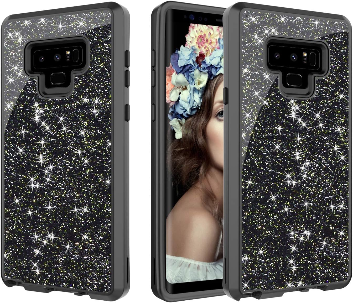DailyLux Galaxy Note 9 Case, 3-Layer Defender Heavy Duty Shockproof Protective Glitter Sparkle Shiny Cover for Samsung Galaxy Note 9 Case for Girls Women -Bling Black