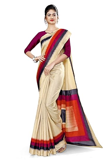 Uniform Sarees Corp Womens Gala Border Polycotton CotFeel Front Office Uniform Saree With Blouse (Beige;Wine)