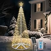 Outdoor Solar Christmas Cone Tree Lights, 8ft 442 LED Christmas Tree LightShow with 8 Modes Timer Remote, Lighted Artificial Tree USB Charge for Xmas Yard Porch Patio Party Holiday Decor, Warm White