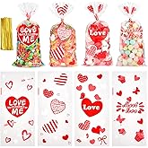 Ohuimrt Valentines Cellophane Treat Bags, 100 PCS Red Heart Valentines Day Gift Bags with Ties, Clear Goodie Bags for Snack Candy Cookie Party Favor Packaging
