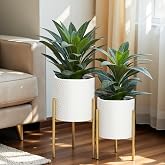 LuxenHome Indoor Planters, Set of 2 White Planter with Gold Metal Stand | Planters for Indoor Plant, Indoor Plant Pots, Flower Pots for Plants, Large Floor Plant Pot, NOT Waterproof