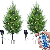 Gfialy Solar Powered Pre-Lit Artificial Shrubs, Set of 2 UV-Resistant Faux Cypress Topiary Trees for Outdoor Porch, Garden and Walkway Decor (34 inch)