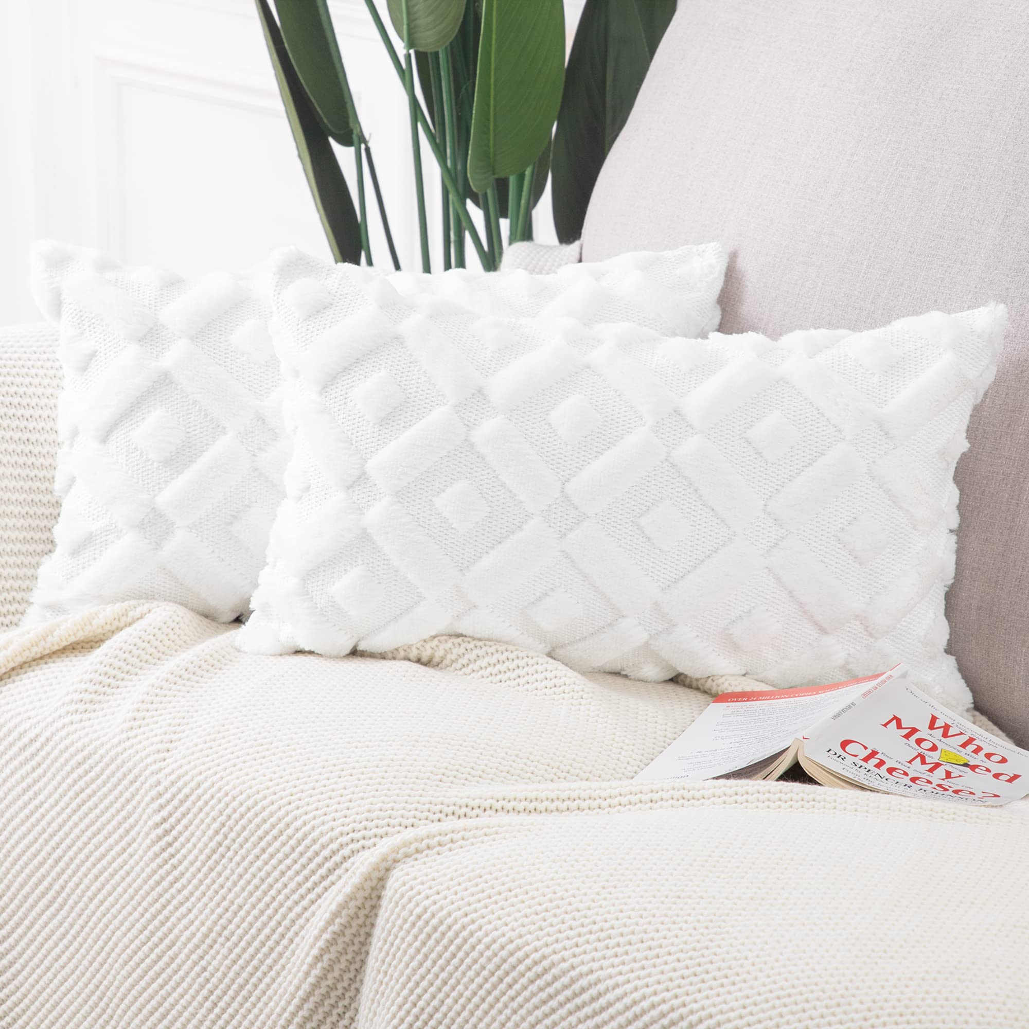 Photo 1 of *COVERS ONLY* MADIZZ Set of 2 White Plush Short Wool Throw Pillow Covers 12x20 Inch Rectangular Super Soft Cozy Decorative Velvet Cushion Cover for Sofa Bedroom Livingroom Pillow Shell