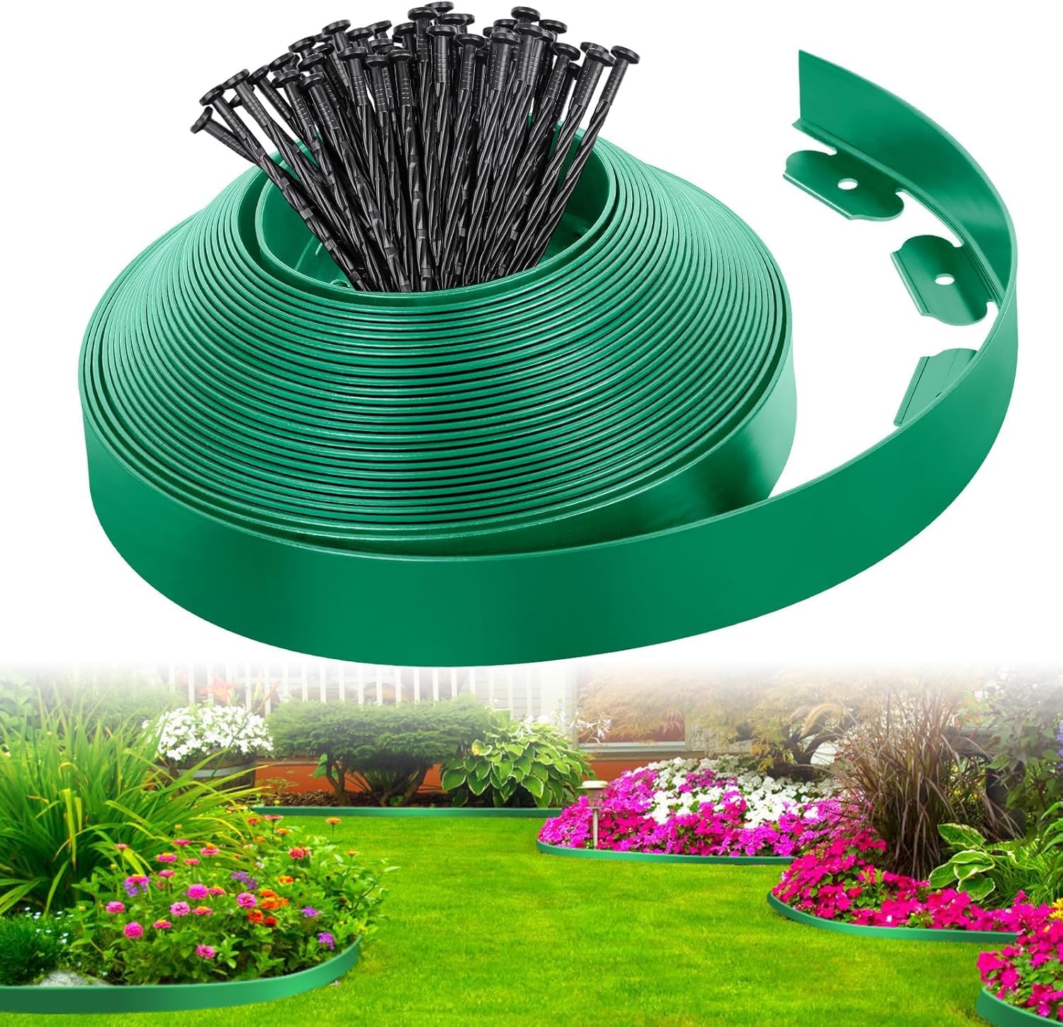 LATERN Flexible Lawn Edging Border, 5M x 5CM Plastic Garden Edging No Dig Grass Lawn Edging Fence with 15Pcs Strong Securing Pegs for Garden Border, Flower Bed, Yard Pathway and DIY Landscaping