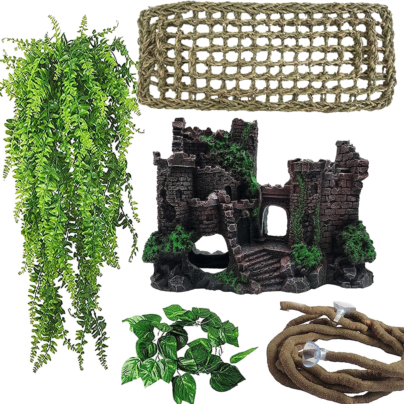 Photo 1 of MUYG 5 PCS Tank Accessories for Bearded Dragon Include Resin Classical Castle Reptile Climb Habitat Decor Hanging Jungle Vines Flexible Leaves Climbing Decor for Lizard Gecko Chameleon Spider