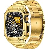 BAITEYOU Stainless Steel Watch Band with Case Compatible with Apple Watch Series 11 10 46mm, Rugged Strap with Metal Protective Bumper Cover for iWatch Bands Men (Gold)