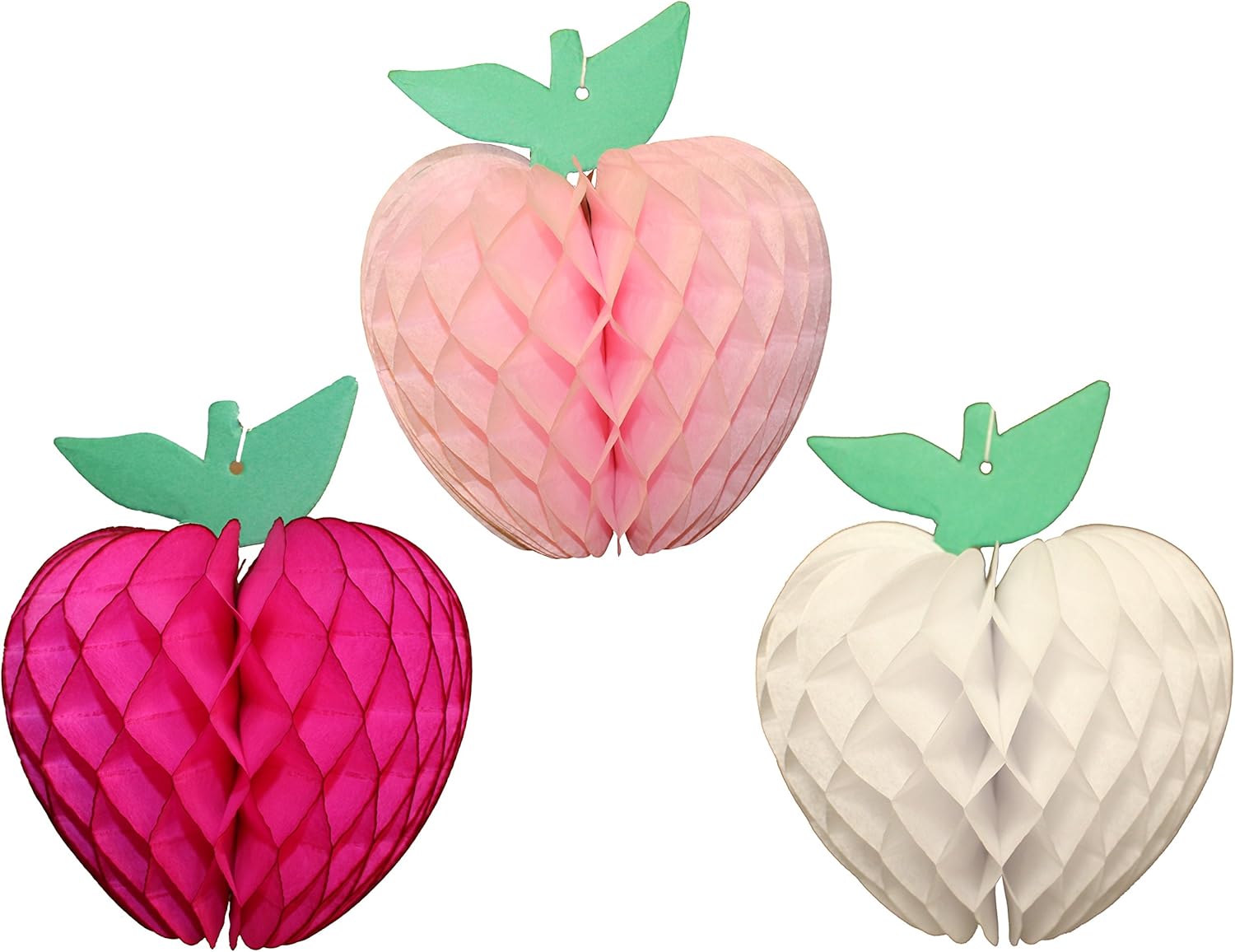 7 Inch Honeycomb Tissue Paper Apple Decoration, Set of 3 (Cerise, Light Pink, White)