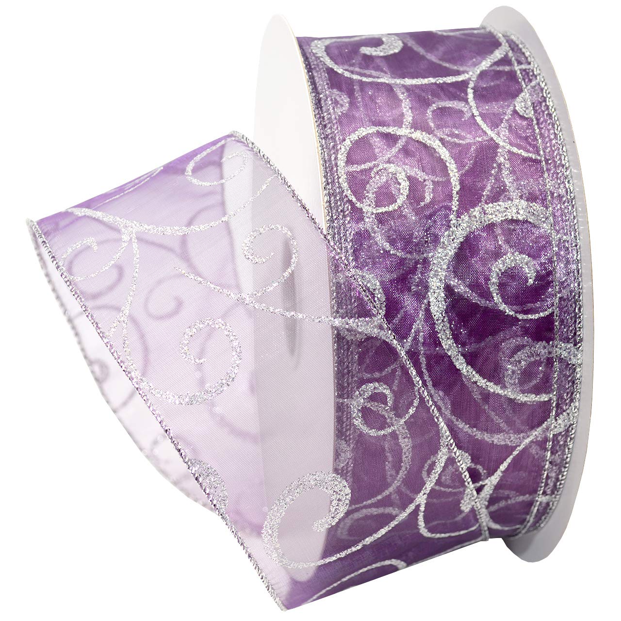 Morex Ribbon 7416.60/50-610 Swirl 2.5" X 50 YD Nylon Sheer Curling Wired Glitter Ribbon, Purple/Silver, Holiday Ribbons for Crafts and Christmas Decorations, Indoor Christmas Ribbon for Gift Wrapping — image 1
