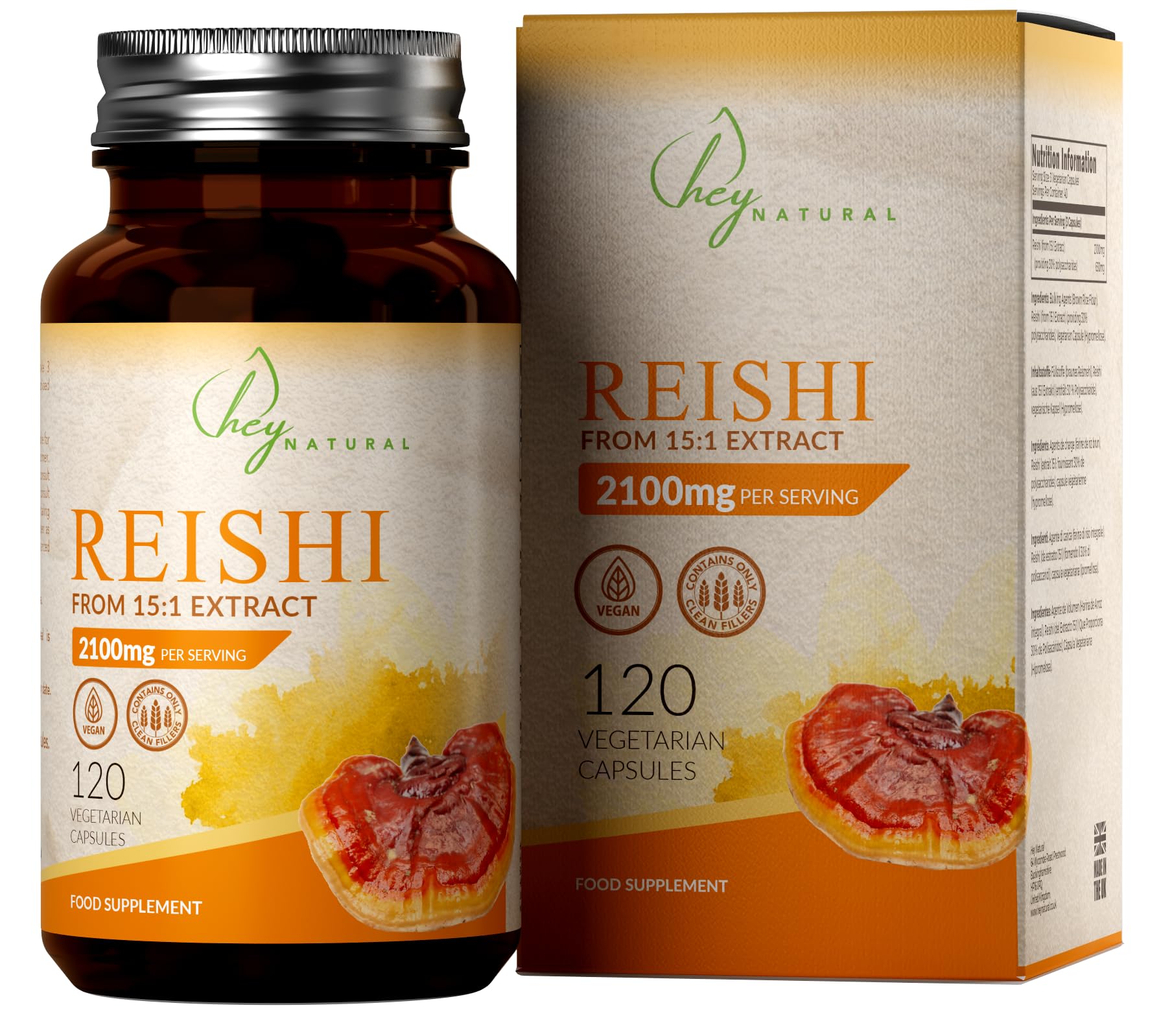 HN Reishi Mushroom Capsules | 120 High Strength Reishi Capsules - 2100mg (15:1 Extract) per Serving | Mushroom Supplement | Non-GMO & Allergen Free | Made in The UK