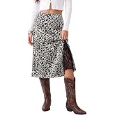 luvamia Satin Skirts for Women Leopard Slit Lace Trim A Line Midi Skirt | Hidden Elastic Waistband, High Waisted Stretchy Slip Skirt, Flowy Animal Cheetah Print, Casual Side Split Bias Cut Skirts