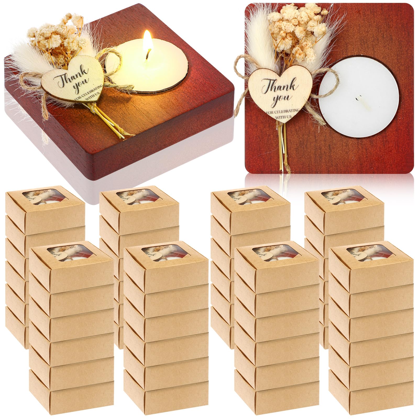 Photo 1 of Menkxi 50 Sets Wedding Wooden Tealight Candles Holders Bulk Wedding Party Favors for Guests Square Thank You Candle for Anniversary Engagement Table Centerpiece Bridal Shower Baby Shower (Deep Wood)
