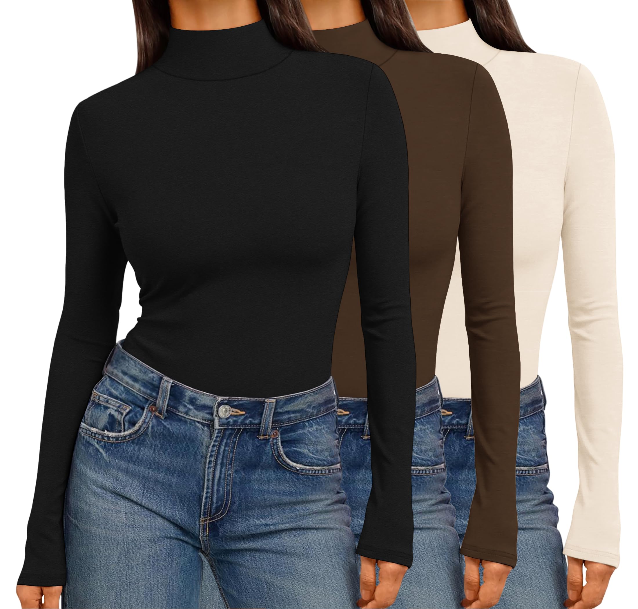 Photo 1 of Ekouaer Women's Mock Turtleneck Long Sleeve Shirts 3 Pack Lightweight Soft Stretch Fitted Thermal Top Black/Brown/Beige XL