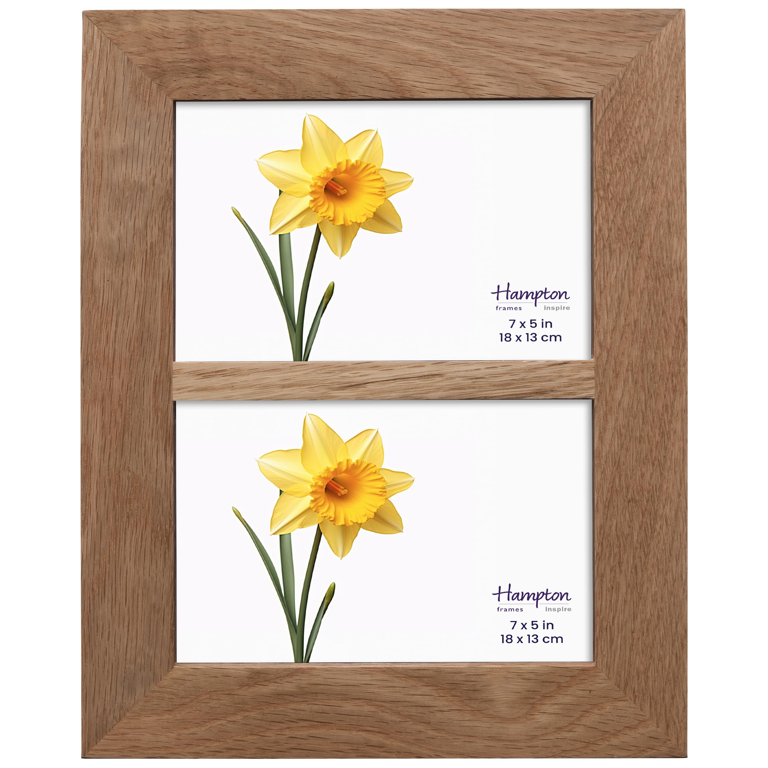 inspire by Hampton Frames | OAKRIDGE Double 5x7 Photo Frame, Natural Oak, Polished Solid Wood, Glass Aperture, Freestanding or Wall Mount | Multi Aperture Picture Frame for Home Décor
